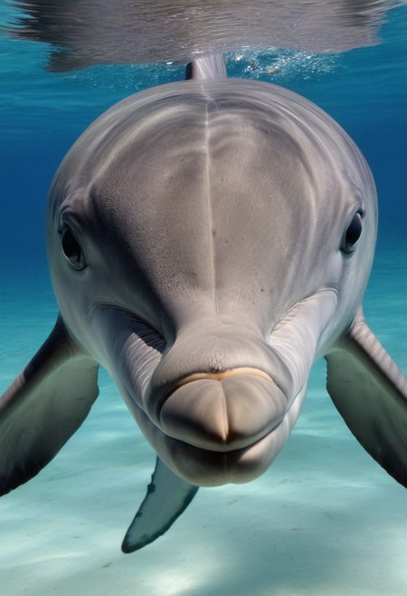 close-up of the face of a dolphin, underwater view  <lora:PornMaster-Fantasy style-V1:0.7>