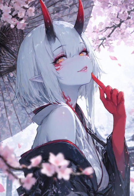 (EyesHD:1.2), (4k,8k,Ultra HD), masterpiece, best quality, ultra-detailed, very aesthetic, sharp focus, depth of field, vibrant colors, ray tracing, best lighting, detailed illustration, detailed background, cinematic, beautiful face, beautiful eyes, 
BREAK
masterpiece, amazing quality, best quality, ultra-detailed, 8K, illustrating, CG, clear skin, ultra-detailed-eyes, detailed background, cute girl, eyelashes,  looking seductive, coy. dynamic action image, detailed face, detailed eyes, direct mesmerizing gaze, 
BREAK
Aka-Oni, oni, colored skin, red skin, smooth horns, black horns
BREAK
holding umbrella, dynamic pose, looking at viewer, petals falling, bare shoulder, finger to chin, smile, parted lips, lips, kimono, 
cherry flower, blurry foreground, branch,