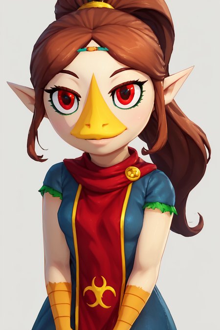 score_9, score_8_up, score_8, medium breasts, (curvy), cute, eyelashes,       BREAK, ,  <lora:MedliZelda_PDXL_v2:0.8>,  zzMedli, solo, 1girl, brown hair, beak, pointy ears, bird, long hair, long hair, red eyes, ponytail, blue dress, red tabard,, BREAK, looking at viewer,  smile, upper body, leaning forward, head tilt,  embedding:zPDXL, Expressiveh, <lora:theButcherXPDXL:0.8>, <lora:CatalystStylePDXL:0.6>,  <lora:SDXLFaeTastic2400:0.5>,  <lora:Expressive_H-000001:0.4>,