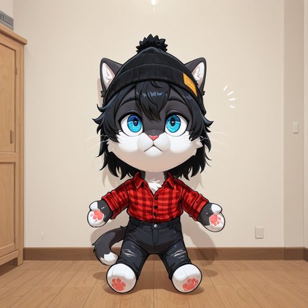 score_9_up, score_8_up,_7_up,_6_up,_5_up, score_4_up,score_7_up, solo, alone, Felix(character), cat, male, black body, no humans,, black hair, anthro, blue eyes, inside, plaid shirt, beanie, black jeans, Plushie, Character as plushie,