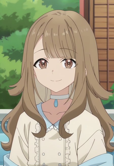 <lora:Hikari Tanabe:0.9>  Hikari Tanabe, 1girl, brown eyes, long hair, brown hair , solo,blunt bangs,       choker, long sleeves,  collarbone,   white dress, looking at viewer, smile, upper body, score_9, score_7_up,anime coloring ,source_anime, anime, anime screencap