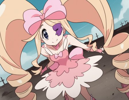 score_9, score_8_up, score_7_up, source_anime,
nuiharime, <lora:nui-harime-s1-ponyxl-lora-nochekaiser:1>,
nui harime, big hair, blonde hair, blue eyes, drill hair, eyepatch, hair bow, long hair, pink bow, twin drills, twintails,
boots, bow, dress, eyepatch, hair bow, pink footwear, strapless, strapless dress,
outdoors, wasteland, bent over, smile,
solo, dutch angle, looking at viewer, cowboy shot,
