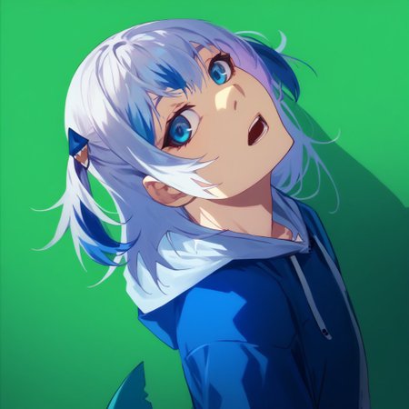 rating_all, score_10, score_8_up, score_7_up, low details, blue eyes, simple hair, kawaii style, big eyes, simple lights, Monogatari_Style, gawr gura, blue hoodie, two side up, shark hair ornament, shark tail, portrait, open mouth, green screen, simpel background, green background, shaft look, looking back, from behind, head tilt, front view