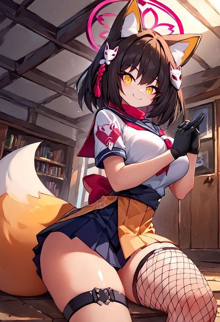 score_9, score_8_up, score_7_up, BREAK source_anime,
masterpiece,8k,uncensored,(highres:1.3),high resolution, unity 8k wallpaper, detailed face, detailed CG, (perfect hands:1.5, perfect anatomy),
(high quality, best quality)
 (curvy:1.45)(shiny skin:1.2) (oily skin:1.2)
izuna kuda, yellow eyes, black hair, animal ears, animal ear fluff, medium hair, fox ears, halo,
Happy, smirk,
by hiroyama_hirosh,
asymmetrical legwear, fishnets, fox hair ornament, fox tail, gloves, hair ornament, pleated skirt, sash, scarf, school uniform, single thighhigh, tail, thigh strap, yellow tail, unware fox mask,
Dynamic pose, dynamic light,
School room,
Hands on chest,(hands together:1.8)(hand_seal) , (ninja_hand_gesture:1.5)
(From below:1.2), (From side:1.2)
(lying on ceiling:1.5),