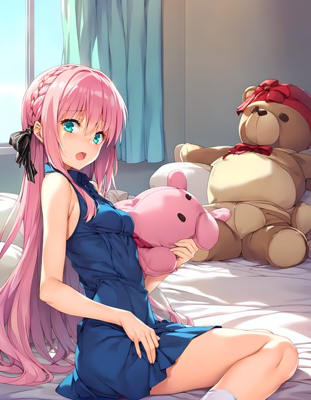 <lora:pony_xl_kaname:0.9>,kaname,score_9,score_8_up,score_7_up,source_anime,best quality,masterpiece,super fine illustration,1girl,solo,child,long hair,very long hair,sidelocks,hair bow,small breasts,looking at viewer,shy,blush,open mouth,blue dress,sleeveless shirt,collared shirt,blue skirt,indoors,pillow,bed,holding_stuffed_animal,stuffed animal,teddy bear,bed sheet,little_girl,sitting,wariza,
