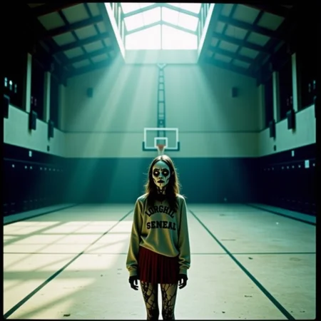 analog film photo Cowboy shot, decaying school gymnasium, cold morning light: A young zombie woman in a torn hoodie and cheer uniform stands in the middle of a dusty court, basketball hoop hanging loosely above her. Her skin is grey-olive with patches of cracked dryness at the joints; her white sclera eyes stare through the camera. Her lower lip is torn, but her posture is ordinaryâarms folded, body weight slightly leaned to one side. Shot on a Hasselblad 503CW, 150mm Sonnar, film: Ilford Delta 400. Natural light from a broken skylight above creates shafts of cool contrast, with bounce from the polished court floor adding subtle fill. The whole frame is quiet, almost beautiful in its sadnessâforgotten youth, still standing.
 <lora:undead denizens v2.2:1> . faded film, desaturated, 35mm photo, grainy, vignette, vintage, Kodachrome, Lomography, stained, highly detailed, found footage