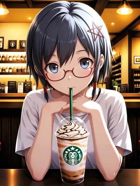 <lora:spo_sdxl_10ep_4k-data_lora_webui:0.5>, <lora:Naho3CoPaXL:1> Naho_CoPa, short hair, pentagram hair ornament, red glasses, hair tubes, indoors, short sleeves, bloom, cafe, frappuccino, drinking straw, lazypos, starbucks,  straw, own hands together,