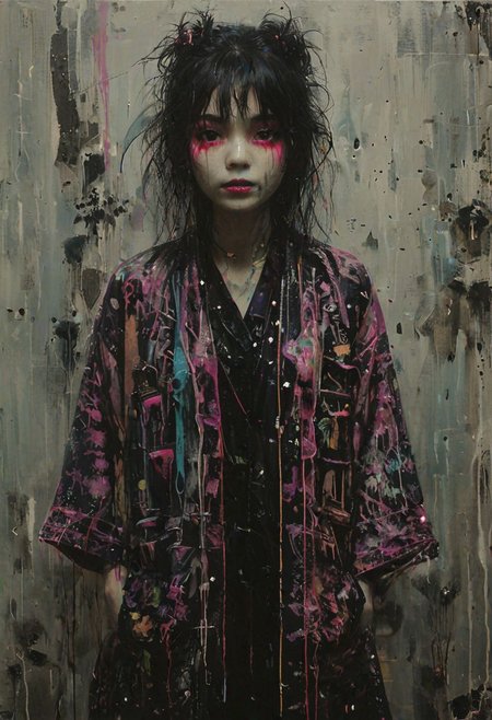 a young woman with a neon colored kimono
