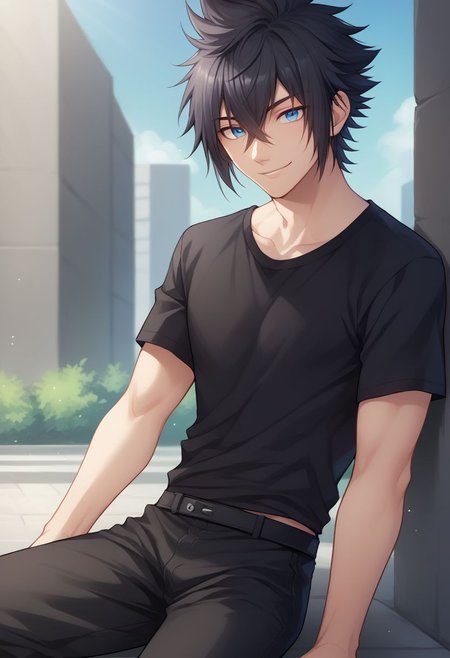 score_9, score_8_up, source_anime, highly detailed, 1boy, solo, male_focus,
noctis, 1boy, male focus, solo, blue eyes, shirt, black hair, spiked hair, 
hair between eyes, pants, short sleeves, black pants, smile,
outdoor,