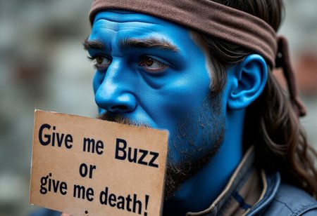 historic William Wallace, in medieval Gaelic warrior face paint blue, close_up, holding sign with text "Give me buzz or give me death"