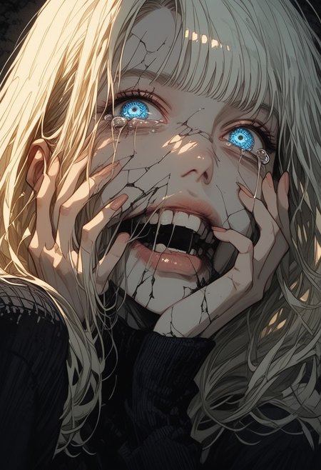 score_9, score_8_up, score_7_up,source_anime,anime, 
score_9, score_8_up, score_7_up, Ellie Buckingham, ((Bright Blond hair)), Blond Hair, Blond Bright blue eyes. Very large breasts, torpedo breasts, humongous breasts
1girl,solo,  
1girl, qxys, solo, detailed, extreme close up of face, face with  too many eyes,too many eyes on mouth, holographic, iridescent, bloom,hand on own face,cracked skin,tears,thermal ,<lora:Dramatic Lighting Slider:1> <lora:holographiccolor:0.4> <lora:Detailer_NoobAI_Incrs_v1:0.5> <lora:ThermalSwirlsILL:0.6> masterpiece, best quality, amazing quality, , (horror \(theme\),:1.2)
flat color, dark theme
sinozick style
g4n1m3