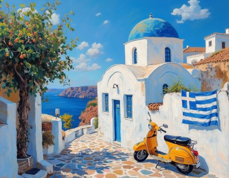 <lora:OBä¸­ä¸çºªæ²¹ç»v1.1:1> OByouhua, oil painting
oil painting of greek house, white walls, blue roof, dome roof, greek island, blue sky, majestic, breath taking viewers, olive tree, Greek flag hung on the wall,  yellow moped marked on the side,