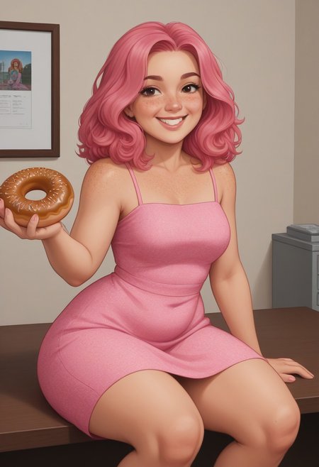 a2dstyle, bold outlines, flat colors, defined shading, illustration, 1girl, pink hair, freckles, PAWG, Thicc, character design, sitting on a donut, pink maxi dress, smile
