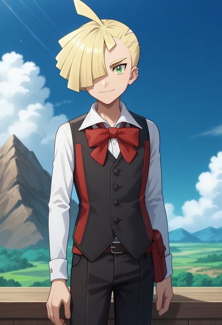 score_9, score_8_up, score_7_up, source_anime, highly detailed, 
gladion, blonde hair, 1boy, vest, male focus, pants, hair over one eye, black vest, black pants, solo, shirt, white shirt, green eyes smile, long sleeves, 
buttons, short hair, ahoge, belt, bangs, red vest, bow, red bow, looking at viewer,
outdoor, mountains, sky, clouds