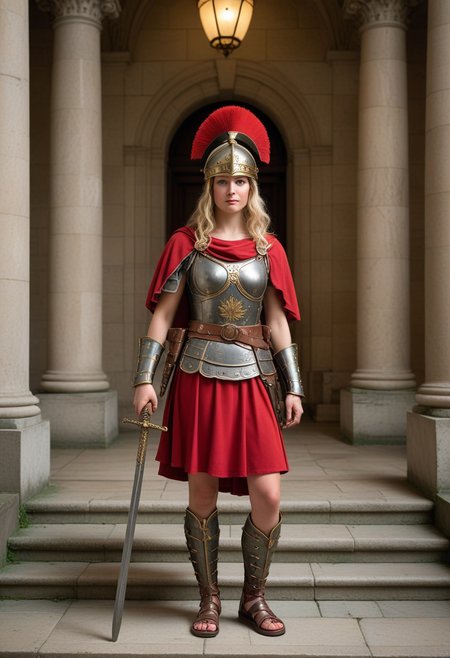 (medium full shot) of (vivacious roman soldier) young woman, kinky blonde hair, green eyes, fair skin, busty build,   centurion, wearing Corbridge helmet with red transverse crest, mail armor, red tunic, leather belt with pteruges, iron greaves, leather sandals, holding vine staff with brass knob, set in ancient roman empire era,  Senate House, imposing building with stone steps, grand entrance, senators in togas debating, marble statues, a domed ceiling , at night, laughing, arms crossed, Masterpiece,best quality, photorealistic, amazing quality, very aesthetic, extremely detailed face,