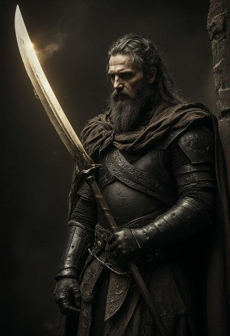 DARK movie still, heavy Film grain, monochrome with Low Key color Highlights, A dystopian DARK villain Photo Portrait of hkstyle dystopian Knight wielding a white moon shaped glowing scythe, outworn Cape and armored suit, rough skin, skin Details, beard, outworn, old, in pain, dust, dirt, gritty, Film Noir Style, high contrast, deep blacks, vibrant Yellow Pop art elements, soothing bleaked atmospheric lighting