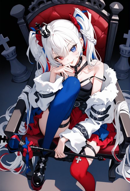 masterpiece,best quality,amazing quality,very aesthetic,high resolution,very awa,best_hand,monochrome,flat color,grayscale,(ciloranko:1.2),(kawakami rokkaku:0.8),(shanyao jiang tororo:0.6),(liduke:0.5),(mignon:0.8),(navel(ohisashiburi):0.6),(bee \(deadflow\):0.8),<lora:kedamaaXLillokrV5311P:0.3>,beautiful_detailed_eyes,<lora:shirahime:0.9>,shirahime,1girl,solo,punk,white hair,long hair,very long hair,gradient hair,colored inner hair,multicolored hair,twintails,bangs,hair between eyes,(red hair:1.1),(blue hair:0.8),hair ornament,crown,mini crown,heterochromia,blue eyes,red eyes,earrings,black choker,belt collar,fur trim,fur jacket,off shoulder,white jacket,open jacket,bare shoulders,black halterneck,long sleeves,ribbon,small breasts,nail polish,blue nails,red nails,blue skirt,red skirt,asymmetrical legwear,thighhighs,blue thighhighs,red thighhighs,black footwear,cross,jewelry,
invisible chair,hand up,smile,scepter,looking_at_viewer,sitting,head_tilt,head_down,mesugaki,chess piece,front view,throne,dark background,:p,hugging own legs,dramatical_light,(face_focus:1.1),from_above,close-up,