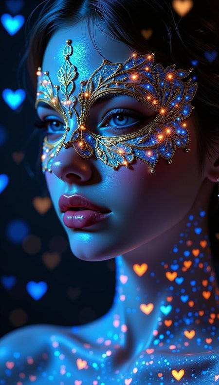pinkfantasybabes, 

Close-up of a woman's face, focusing on her right side, wearing an ornate, intricate masquerade mask that covers her eyes and upper nose. The mask is detailed with lace-like patterns, embedded with small glowing lights and tiny luminescent butterflies, primarily in blue and orange hues. The mask has an elaborate design that merges seamlessly with her skin, which is illuminated with bioluminescent patterns glowing in shades of blue and orange, covering her neck, shoulders, and chest. Her lips are slightly parted, showing a natural yet f. B_6, An enchanting scene filled with heart-shaped bokeh lights that sparkle against a deep black background. The lights are arranged in a visually appealing pattern, with some glowing softly and others shining brightly, creating a magical and romantic ambiance. The heart shapes are interspersed with smaller, round light orbs, adding depth and variety to the composition. The overall effect is a beautiful, dreamy display of love and light. 