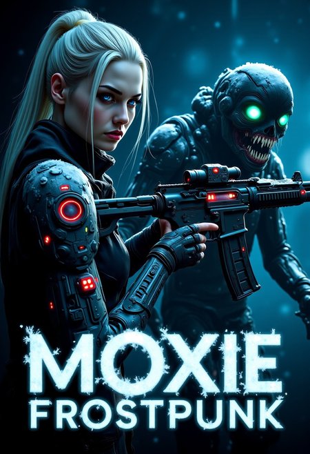 Frostpunk style, dark, horror, A scifi horror movie poster featuring a frostpunk style woman hiding from a crawling eldritch horror. A woman with striking platinum blonde sleek updo with loose strands wearing a snow-covered thermal mechanized combat armor and snow-covered combat boots holding a futuristic assault rifle. Her armor features a thermometer and red glowing diodes. She tries to look around the corner with nervous expression. Around the corner an eldritch horror roams around looking for her. The eldritch horror features glowing emerald eyes, a wide split-jaw with sharp teeth, dark frozen skin covered with snow, elongated arms with sharp claws. The scene is deep inside a dark frozen cave with dim and pale light. The movie title 'Moxie Frostpunk' written at the bottom of the image in bold scifi font with freezing effect. Production credits below the movie title. aidmatextimprover