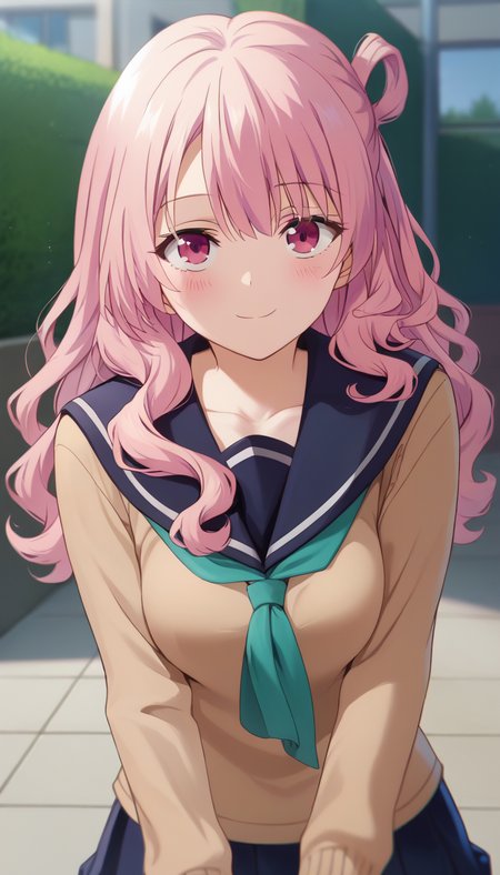 score_9,score_8_up,score_7_up,score_6_up BREAK official art,solo,outdoors,upper body,(portrait:1.5),loosvking at viewer,facing viewer,smile,blush,Usagi Tsukishiro,pink hair,long hair,curly hair,hair rings,single side bun,one side up,sidelocks,hair between eyes,bangs,pink eyes,collarbone,school uniform,black sailor collar,brown cardigan,green neckerchief,long sleeves,medium breasts,skindentation,miniskirt,black skirt,pleated skirt,black socks,loafers,brown footwear,<lora:Usagi Tsukishiro(mlid)-Pony:1.8>,