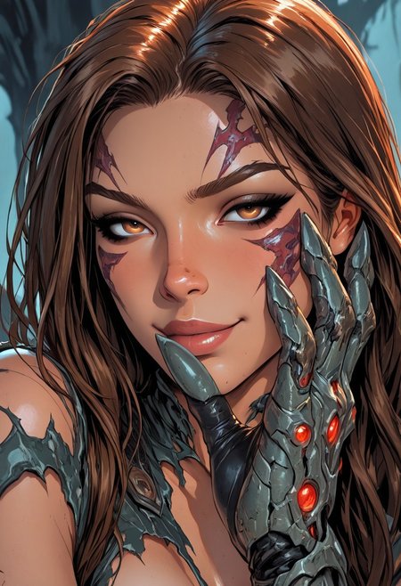 highres, very detailed, amazing quality, masterpiece,
very aesthetic,
particle effect,
1girl, witchblades, brown hair, brown eyes, torn clothes, gauntlets, revealing clothes, facial mark, 
looking at viewer,
seducing, seductive, flirty, tender, smirk, loving, playful,
Close-up,