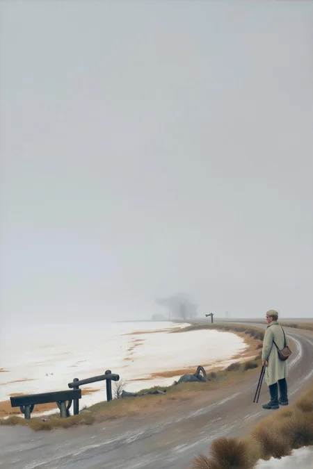 lauritsandersenring1 painting. A winter landscape with a man standing on a dirt path. On the right stands the man, gazing at snow-covered terrain. He wears a long coat and a hat and carries a bag over his shoulder. He is holding a hunting rifle. To his left are a wooden bench and a signpost. <lora:lauritsandersenring1_cap_d8a4e13:1.0><lora:857034585014327907:0>