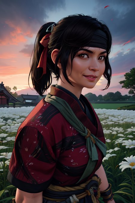 Yuna, black ponytail, 
solo, upper body, smiling,  standing,  facing viewer, 
red kimono,  black headband, 
black,  pleated skirt, short sleeves,  hair ribbon,  brown gauntlets, 
13th century Japan, fields,  flowers, windy, 
 (insanely detailed, beautiful detailed face, masterpiece, best quality) cinematic lighting, 
 <lora:Yuna:0.7>