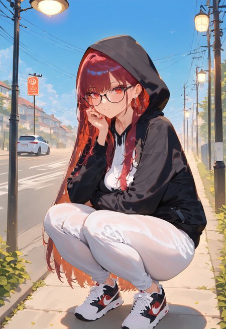 power_lines, red_eyes, sneakers, squatting, telephone_pole, solo, pants, hood, shoes, glasses, long_hair, outdoors, lamppost, earrings, sky, jewelry, looking_at_viewer, long_sleeves, hood_up, fence, detailed, masterpiece, best quality, very aesthetic, absurdres