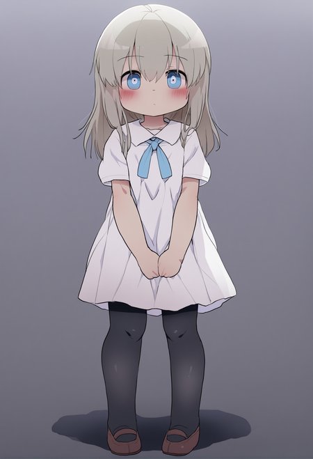 masterpiece, hyper detailed, best quality,(furry:1.3),1girl, solo, white dress, dress, long hair, blue eyes, ribbon, pantyhose, school uniform, full body, bangs, grey hair, looking at viewer, white background, closed mouth, hair between eyes, short sleeves, standing, blush, simple background ,<lora:DAGASIXLlokr8f-000188:0.95>