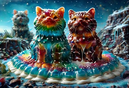 high quality, (Domination of the blue color:2), Jellystyle, stone bridge<lora:bad_prompt_version2-neg:1> <lora:By bad artist -neg:1>  <lora:Jelly_Style:1> (rainbow color grading:1.5). (Icing milk:2). (Sugar coating :1). berry made of jelly. River of milk. ais-chocsauce Mountains. Crystallized Sugar Rain. The floor is covered with honey. Multi-colored Jellystyle cat.
(Fish) Made of gum with glowing precious stones is shown into the jello realm. From the right of the frame, the Jellystyle cat.
CastleBreizh XL Mk8 on the left.
Asymetric composition, dynamic pose, field of depth, grass in the foreground. Close-up view from below.
cat on glass, cat, animal focus, lying, from below.