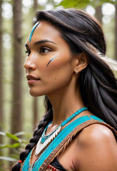 Ultra Realistic, side view,  portrait,  Pocahontas, scrolling on mobile phone