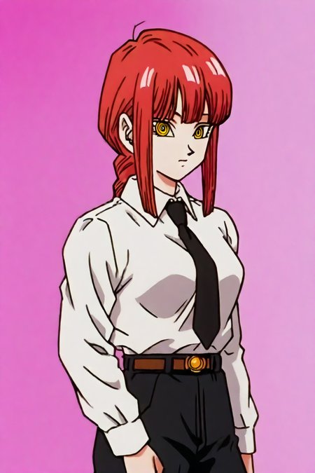 score_9, score_8_up, score_7_up, score_6_up, score_5_up, score_4_up, <lora:mak1ma0XL_Pony_v1:0.8> , makima, red hair, long hair, braid, yellow eye, ringed eyes, white collared shirt, black necktie, black pants, <lora:90s_anime_style_DBZ-000031:1>, 90s_dbz_style, retro, 1girl, solo, alone, masterpiece, highres