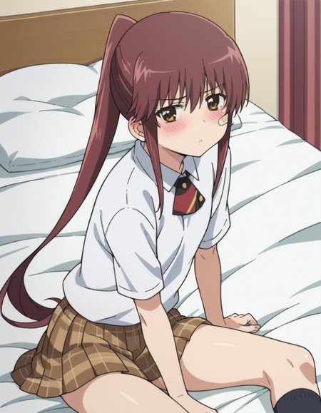 score_9, score_8_up, score_7_up, source_anime,
rikosuminoe, <lora:riko-suminoe-ova-ponyxl-lora-nochekaiser:1>,
riko suminoe, long hair, brown hair, brown eyes, ponytail, bandaid, bandaid on face, sidelocks,
skirt, shirt, school uniform, white shirt, socks, plaid, kneehighs, plaid skirt,
indoors, bed, bed room, on side, blush, drunk,
looking at viewer, dutch angle, cowboy shot,