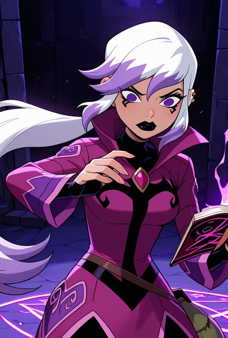 <lora:charmov:1> charmov, long hair, ponytail, , white hair,, 1girl, multicolored hair, purple eyes, ear piercing, two-tone hair, makeup, solo, long sleeves, black lips, purple jacket, long jacket, popped collar, facial expression, dynamic pose,, evil cult, demon book, pentagram, cult dungeon,, masterpiece, best quality, amazing quality, very aesthetic, absurdres, newest,