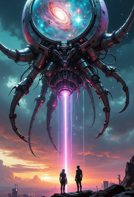 Its massive form is a fusion of sleek metallic limbs, pulsating organic tendrils glowing with a bioluminescent teal hue, and a dome-like head containing a swirling galaxy, glittering with stars in vivid shades of blue, purple, and gold. The entity’s outstretched robotic arm is intricately detailed, with hints of rusted crimson and shining chrome, as it dangles a fragile, glowing thread that leads to a lone figure below.
The figure, clad in a futuristic black-and-neon exosuit, gazes upward, their silhouette illuminated by the reflections of the entity’s dazzling galactic interior.
Above, the sky is a chaotic blend of dark clouds and streaks of radiant pink and orange light from distant neon billboards, creating an otherworldly, dreamlike backdrop. The scene pulses with an eerie, otherworldly vibrancy, where the boundaries of technology and cosmic mystery intertwine in breathtaking detail.