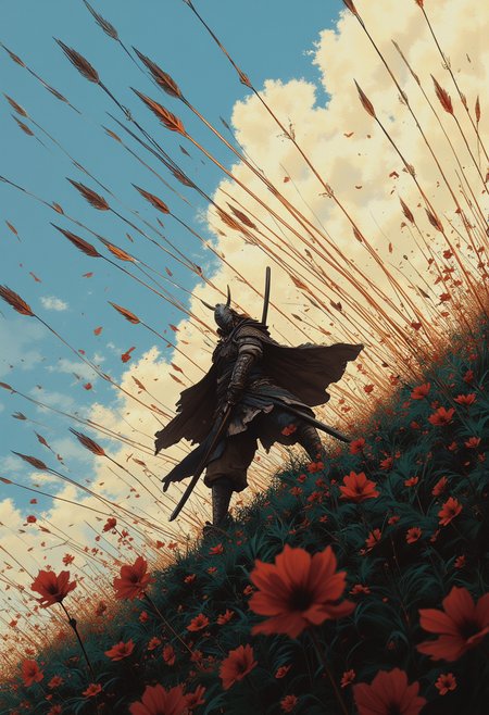 transparency, reflections,  Roger Dean, Rodney Matthews,, A man - samurai warrior stands in a grassy field in a dynamic fighting stance, his sword drawn. We see him from a low angle. In the sky above are dozens of arrows being fired by an enemy army, all of them aimed at the lone samurai. The composition is dramatic and intended to evoke a sense of awe., soft lighting, lifelike texture, intricate detail, detailed background, detailed skin, sharp focus, skin pores, textured clothing, (natural lighting:1.3), shot at eye level,. Brown long hair.looking at us.. (Depth of field), low saturation, detail. mythp0rt, Stylish, charismatic.

with rays of sunlight piercing through the misty atmosphere. masterpiece. An otherworldly atmosphere, Mysticism. mythp0rt, . 

 An otherworldly atmosphere.. . elegant, intricate, chrome, silver, golden ratio, viewed from the side, hued background, DOLOMITE,  , 

,  Otherworldly atmosphere. aidmamj6.1
(Depth of field), low saturation,detail. mythp0rt Stylish, charismatic.c.


(Depth of field),,detail. mythp0rt Stylish, charismatic. ,aidmamj6.1,ne0nfant4sy,.
<lora:domiswaunfluxmini:1>
