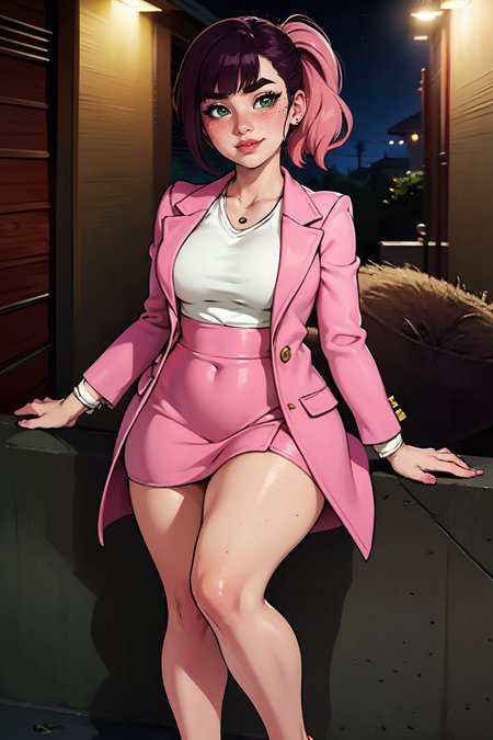 highres, masterpiece, perfect lighting, bloom, night, dark, cinematic lighting, adult, female, looking at viewer, full body, feet out of frame, (RSEEmma:1.5),<lora:RSERomantic_RSESofiko_RSEEmma-v1:0.3>, (small breasts:1.4), wide hips, thick thighs, edgCJ, wearing edgCJ, chic jacket, blunt bangs, black hair:pink hair, messy mid ponytail, green eyes, thick eyebrows, freckles, full lips, smug, smirk, <lora:weight_slider_v2:1.25> <lora:edgChicJackets:1>