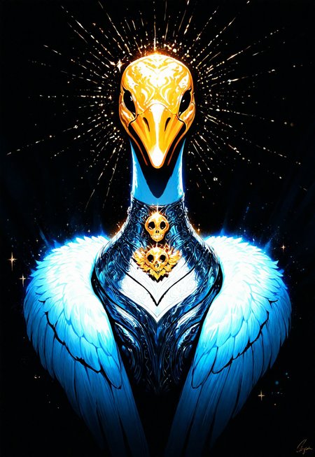masterpiece, best quality, good quality, very aesthetic, absurdres, newest, goose_focus, solo, black_eyes, Silver_Scale_Armor, sparkle, no_humans, neon, flower, goose, plant, abstract background, feathers, golden skull choker, looking_at_viewer, ink drawing