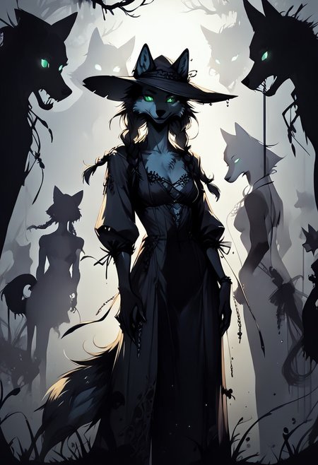 score_9,score_8_up,score_7_up,score_6_up,score_5_up,score_4_up, (((green))), backlight colors, (silhouette:2), backlighting, glowing green eyes, high contrast, vivid lighting, (((wolf))), twin braids, (solo), (solo:2), female furry, anthro, swamp, dress, witch hat, (holding spear:1.2), monochromemuse, monochrome, greyscale, rinotuna, dark aura, fluffy wolf tail, fluffy fur