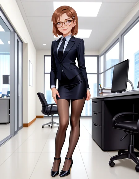 masterpiece, best quality, very aesthetic, absurdres,
indoors, office, 
full body, long eyelashes, light smile,
<lora:Megan_v01_NAIXL-000012:1>,
M364n,1girl,brown hair,short hair,hairclip,glasses,brown eyes, freckles, office lady,necktie,suit,pencil skirt,brown pantyhose,high heels,