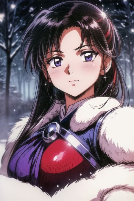 1girl Setsun4 solo long hair,  black hair very long hair purple eyes multicolored hair armor (fur trim) (medium body),<lora:EMS-179-EMS:0.800000>,<lora:EMS-293862-EMS:0.800000> bow, hair_bow, hair_tubes, red_bow, brown_hair, long_hair, bangs, ascot, frilled_bow, yellow_ascot, blush, smile, hair_between_eyes, athletic, (masterpiece:1.1), (best quality:1.1), 1girl, Real light and shadow, anime face, 4k, 8k, wallpaper,epic, detail texture, black hair, (blue eyes:1.5), ((((black hair:1.35, medium hair)))),intricate eyes,beautiful detailed eyes,symmetrical eyes,big eyes:1.5,(((lustrous skin:1.5,bright skin: 1.5,skin tanned,shiny skin,very shiny skin,shiny body,plastic glitter skin,exaggerated shiny skin,illuminated skin))),(detailed body,(detailed face)), cute, erotic,daring, (((medieval man armor,adventurer man armor,winter coat))),(((intricate outfit,intricate clothes, ushanka, embroidered outfit,ornate outfit,embroidered clothes,ornate armor))), (dynamic pose:1.0),happy,smile,(centered,scale to fit dimensions,Rule of thirds), ((snowy pine forest at night)), with dark stormy clouds,winter,scenery:1.25, full body, highres,sharp focus,(ultra detailed,extremely detailed),(photorealistic artwork:1.37),(extremely detailed CG unity 8k wallpaper),(((vibrant colors,vibrant theme))),(intricate),(masterpiece),(best quality),