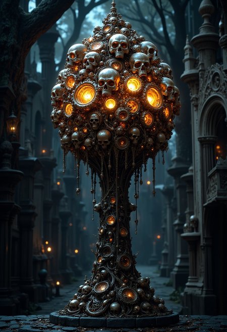 Gothicpunk  lamp made of with prominent golden skulls, dark with an eerie ambiance.graveyard, ultra HD, magical realism, ultra fine details, cinematic, fantasycore, volumetric lighting, epic composition, grimdark, ,breathtaking borderland fantasycore artwork by Android Jones, Jean Baptiste monge, Alberto Seveso, James Jean, Jeremy Mann, maximalist highly detailed and intricate professional photography, a masterpiece, 8k resolution concept art