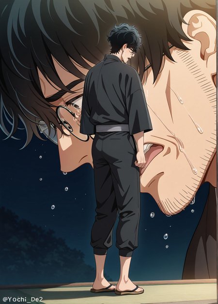 masterpiece,best quality,amazing quality,very aesthetic,absurdres,newest, huge filesize,
<lora:spo_sdxl_10ep_4k-data_lora_webui:0.5>,
<lora:add-detail-xl:1> 2.5 jigen no ririsa, 
<lora:2.5_dimensions_V2:1>d_v2,
1boy,sad, crying,  face shot,open mouth, 
black hair,solo, male focus, 
glasses,close up,upp
sandals,facial hair,
pants,standing,
stubble,black pants,
japanese clothes,
yoichi_def,