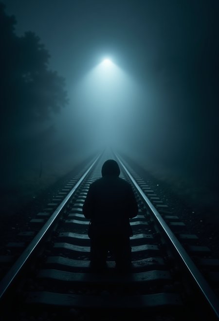 pitch black foggy darkness, man kneeling on train tracks accepting his fate as he waits for the train to arrive <lora:Dever_Flux_Enhancer:0.5>