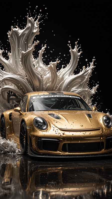GOLD LIQUID METAL DTM Porsche car, race car, racing through SILVER LIQUID METAL, liquid metal sprays up from the cars tyres, Car drifting in a black void, Epic, (Use Dream Diffusion Secret Prompt), UHD, <lora:Liquid_Fluid_Metal_XL_-_By_DICE:0.4>