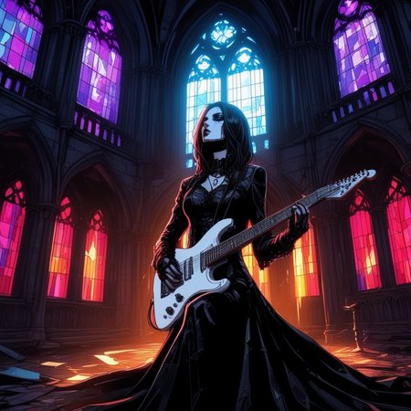 Gothic style  <lora:Gothicanimegirls:1>A dark fantasy woman playing an electric guitar on a makeshift stage inside an abandoned cathedral. Stained glass windows are shattered, casting fragmented beams of light onto her sleek, metallic outfit. The camera is positioned at a wide angle to capture both the decaying grandeur of the cathedral and her intense performance. Ultra detailed textures and colores, highly vibrant image. . Dark, mysterious, haunting, dramatic, ornate, detailed