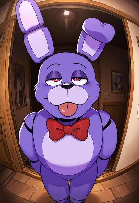 masterpiece, best quality, amazing quality, very aesthetic, absurdres, newest, detailed background,
cartoon, screencap, 
bonnie, rabbit ears, red bowtie,, 1boy, joints, animatronic
half closed eyes, :3, tongue out, leaning forward, fisheye, fisheye lens, vignette