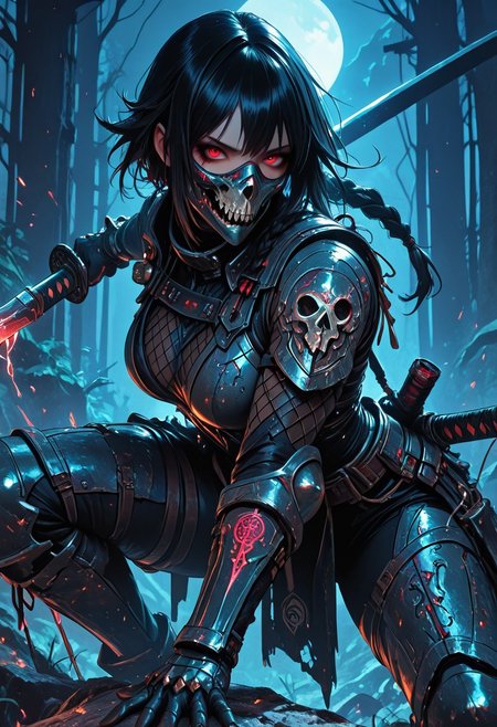 (masterpiece), (best quality), (8k), 1girl, cinematic lighting, dynamic action pose, highres, very detailed, amazing quality, masterpiece, fujimoto_tatsuki, fujimototatsuki(style), 
very aesthetic, intense,
particle effect,
1girl, samurai, solo, braided hair, layered samurai armor, engraved, bodysuit, tight clothing, fishnets, sleeveless, futuristic armor, runic symbols etched in armor, armored legs, full mask, halfmask, katana, red eyes, skulls, 
assassin theme, japan theme,
looking at viewer, tough pose, holding spear,
mountains, 
at night, night, close up, closeup,
