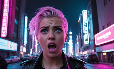 <lora:cwhyberponk1:1>,cwhyberponk1,r0k@p@nk,cwhyberponk0,cwhyberponk,str33tv13w,, scenery, city, cityscape, science fiction, city lights, street, neon lights, realistic, cyberpunk, dark,, Fear theme, fear, scared,  raised eyebrows, clenched teeth, grimace, perspiration,tremble, black, (gray:0.6), (pale blue:0.3), (wide-eyed:1.1),