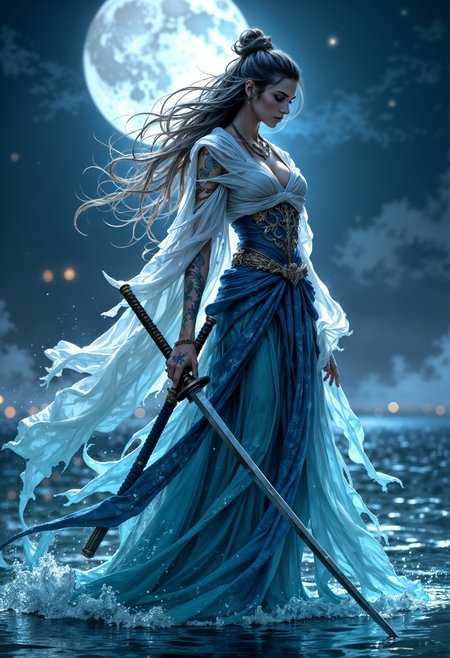 mythp0rt, A serene yet powerful water goddess stands majestically in the center of the scene, holding a katana that glimmers like polished silver. She is draped in a flowing cloak that seems to be woven from the very essence of water, shimmering with hues of deep blue and aqua. Her skin has a soft, luminescent glow, reflecting the tranquility of the ocean depths, while her eyes radiate a calm yet unwavering strength. Her long, flowing hair, reminiscent of cascading waves, moves gracefully around her. The background is a mystical, moonlit night with a gentle mist rolling over the surface of a vast, calm sea. The moon hangs high in the sky, casting a silvery light over the scene, enhancing the ethereal beauty of the goddess. The atmosphere is serene and charged with an otherworldly energy, as the water goddess embodies the serene power and grace of the ocean, wielding her katana with both precision and poise. (maximum ultra high definition image quality and rendering:3), maximum image detail, maximum realistic render, (((ultra realist style))), realist side lighting, , 8K high definition, realist soft lighting, (amazing special effect:3.5)
<lora:FluxMythP0rtr4itStyle:0.8>